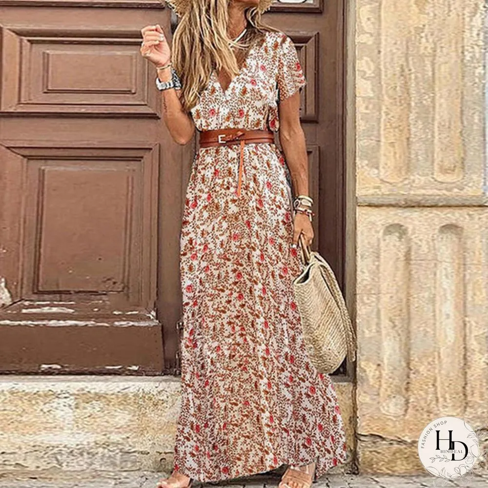 Ladies Summer Sexy Printed Boho Dress with Belt Belt