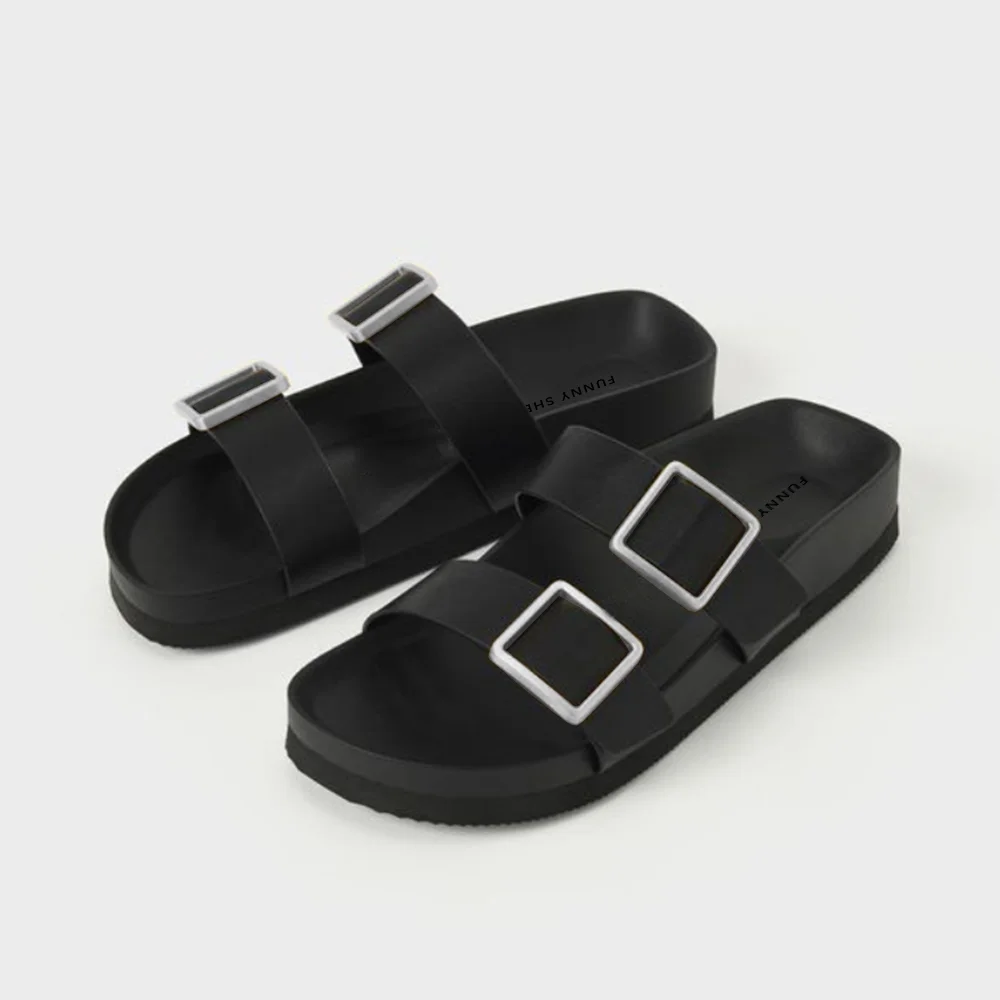 Black Summer Slippers With Strap Buckle Sandals Nicepairs