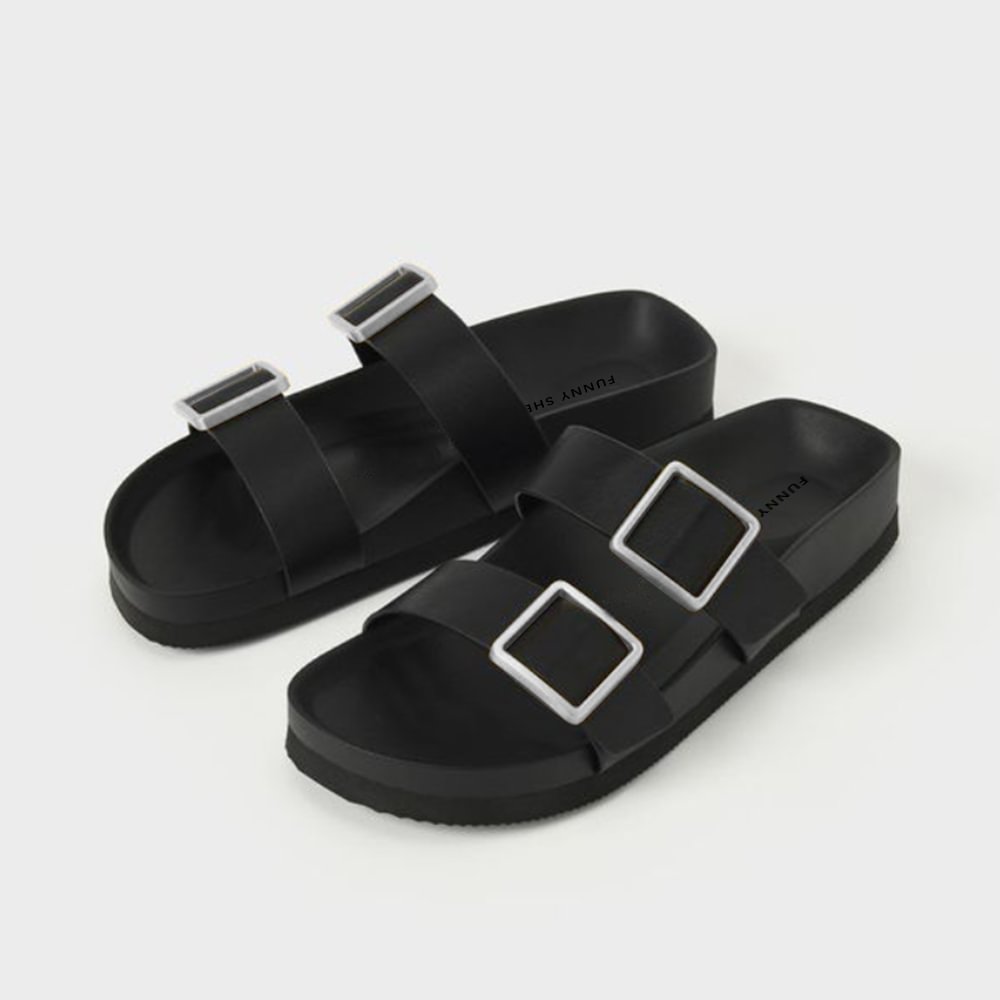 Black Summer Slippers With Strap Buckle Sandals Nicepairs