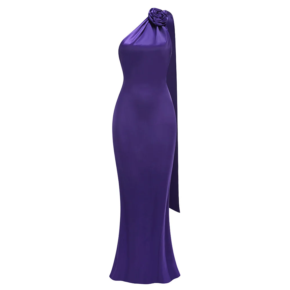 Zingj 2024 New Sexy Dress Purple Temperament Three-Dimensional Flowers Waist Famous Hanging Neck Party High-End Dress