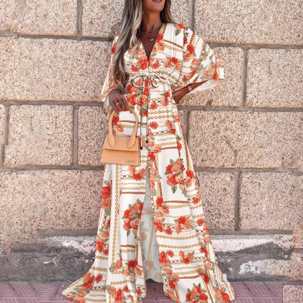 Brownm TWOTWINSTYLE Hit Color Loose Dress For Women V Neck Half Sleeve High Waist Print Maxi Dresses Female Fashion New Clothing 2022