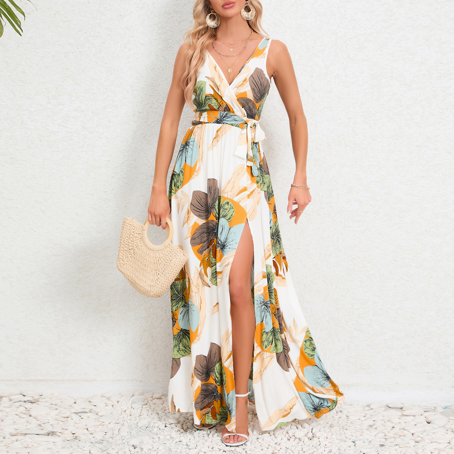 Summer Women's Tropical Print Waist Tie Split Maxi Dress | ARKGET