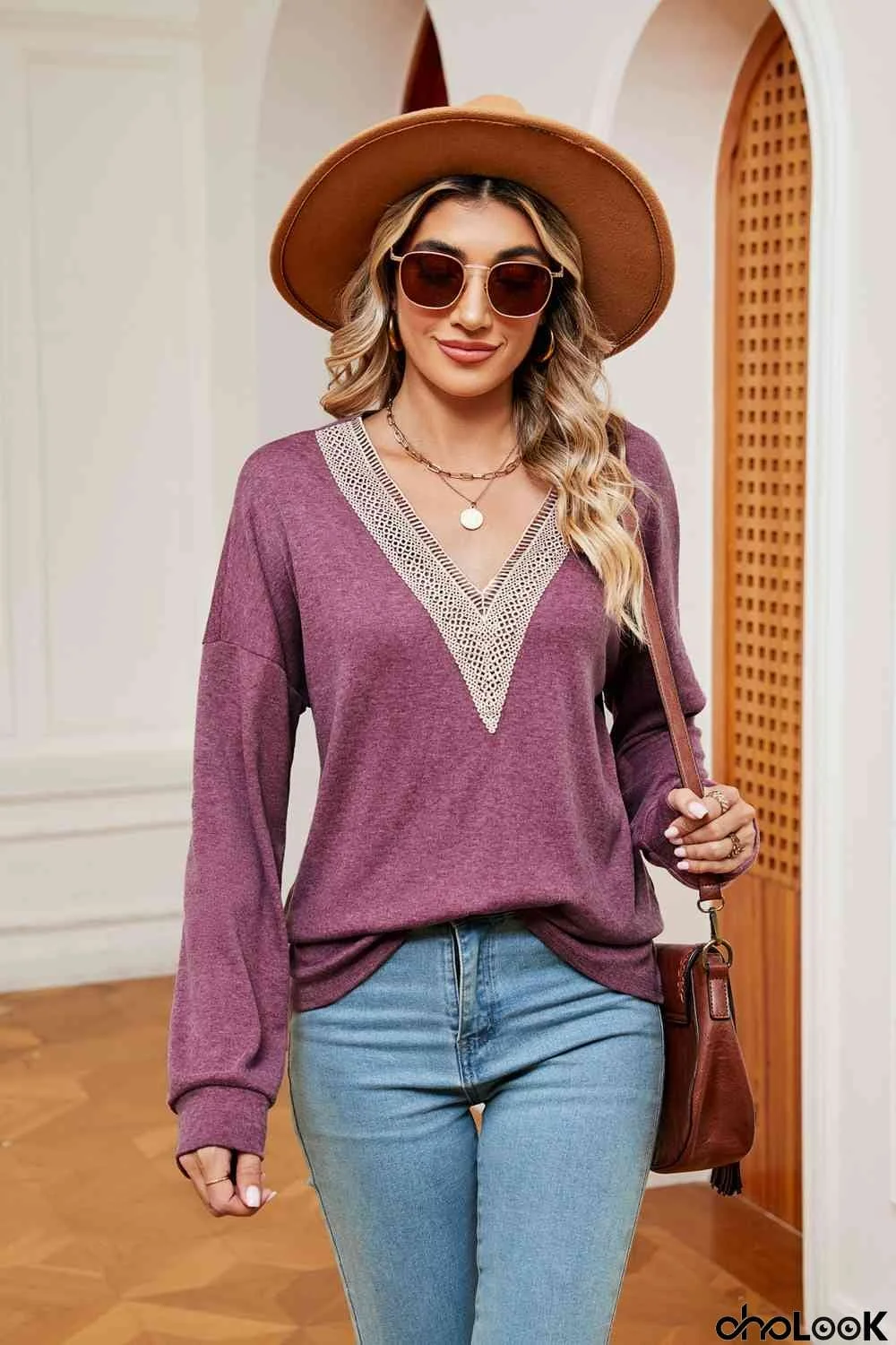 Contrast V-Neck Long Sleeve Blouse