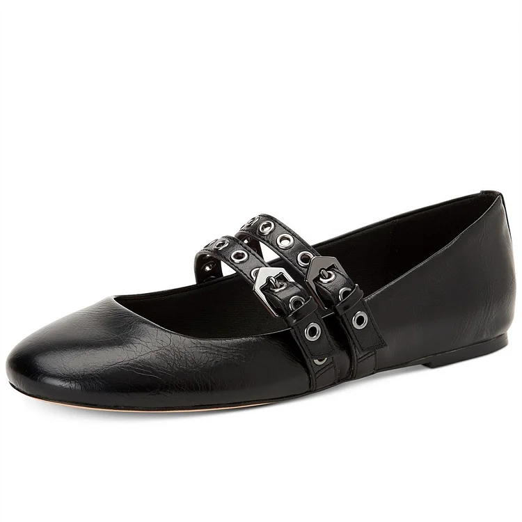 Black Buckles Mary Jane Shoes Round Toe Flats School Shoes |FSJ Shoes