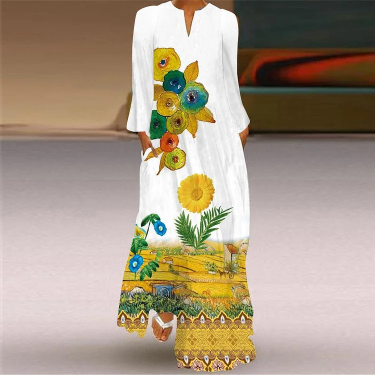 Sexy V-neck Long-sleeved Print Dress-Mayoulove