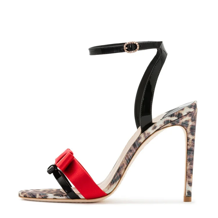 Black and Red Bow Leopard Print Ankle Strap Slingback Heels Sandals |FSJ Shoes