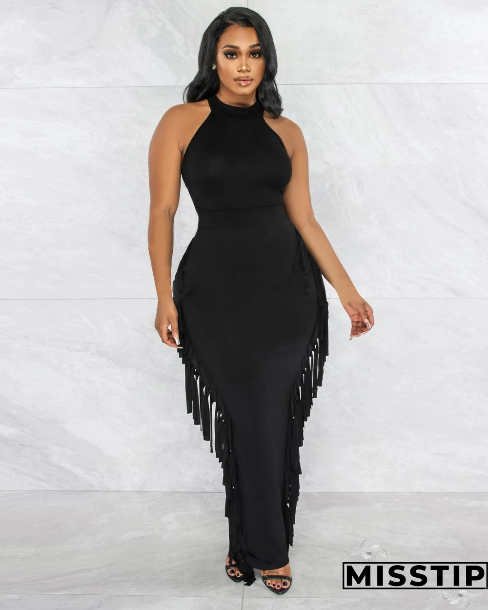 Solid Sleeveless Tank Top+Side Tassel Skirts Sets