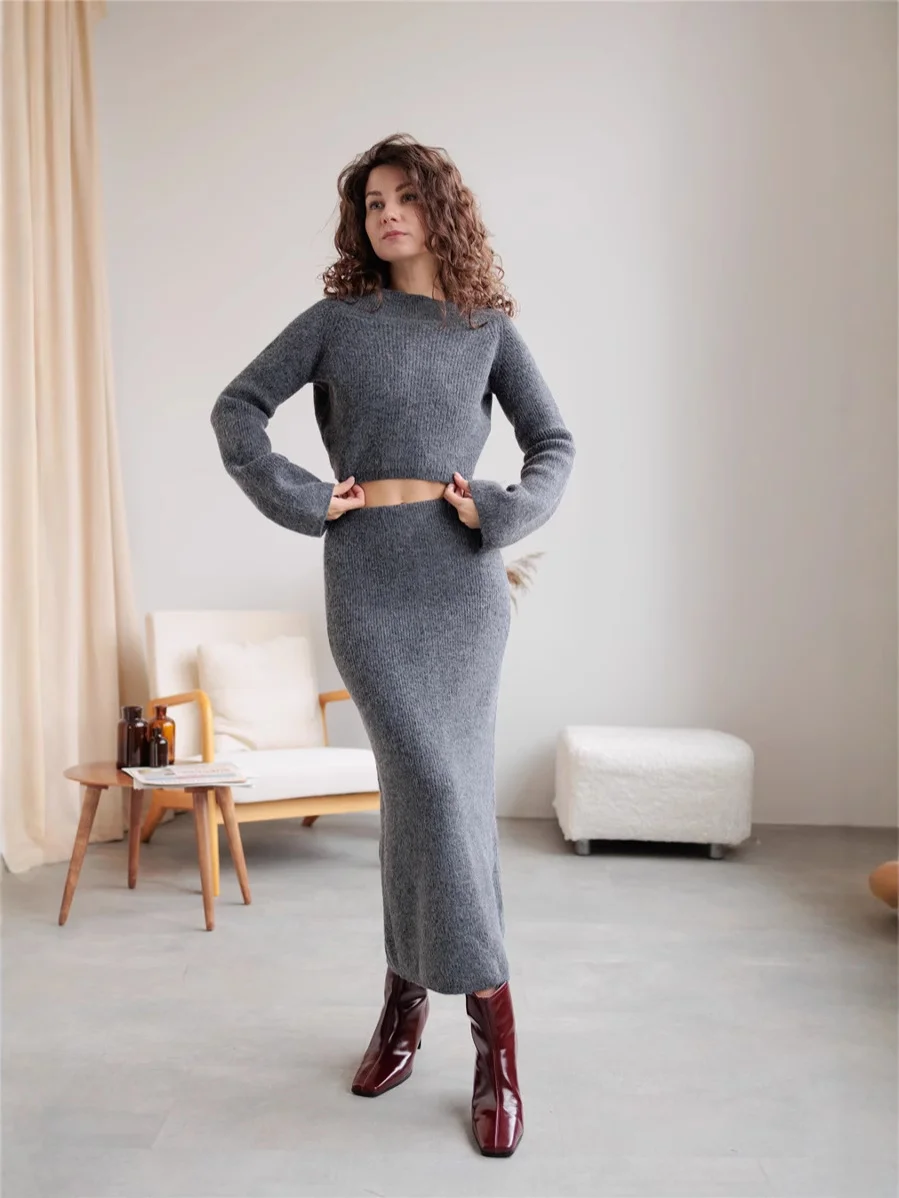Athvotar Athvotar And Winter 2025 New Hot One-Step Skirt Sweater Set Women's Collar Knitted Top + Left Hip Skirts Ins