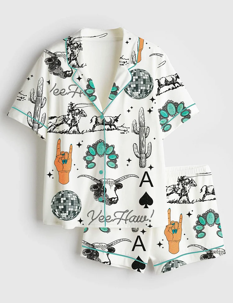 Women&rsquo;s Western Things Sublimation Cowgirl Spade Rodeo Western Print Short Sleeve Satin Pajama Set