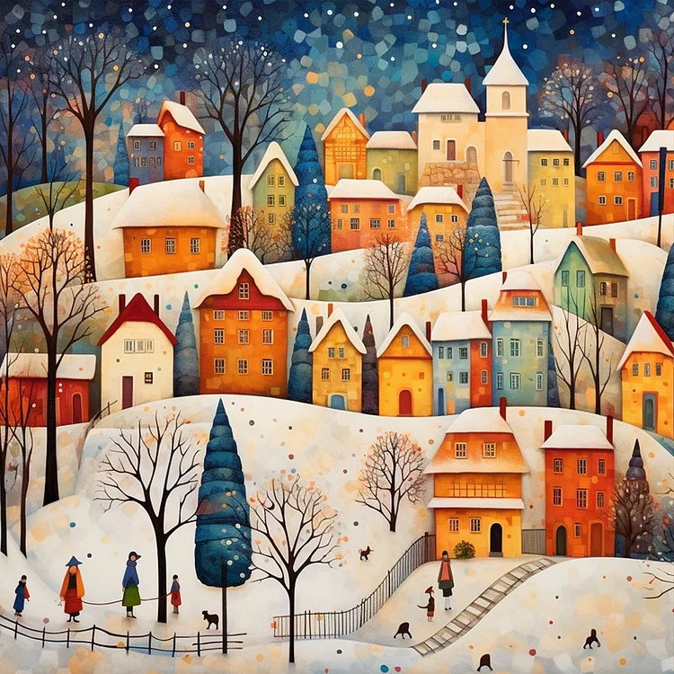 Snowy Night House Town 40*40CM (Canvas) Full Round Drill Diamond Painting gbfke