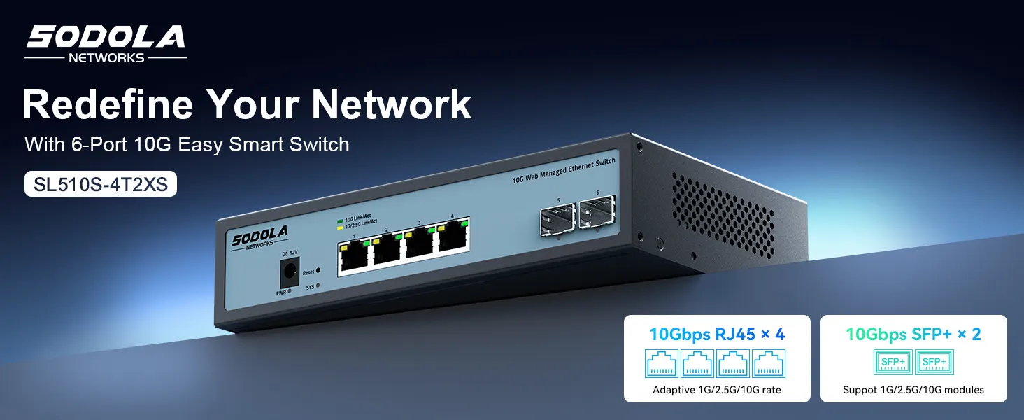 SODOLA 6 Port 10G Easy Web Managed Switch,4X 10G RJ45 + 2X 10G