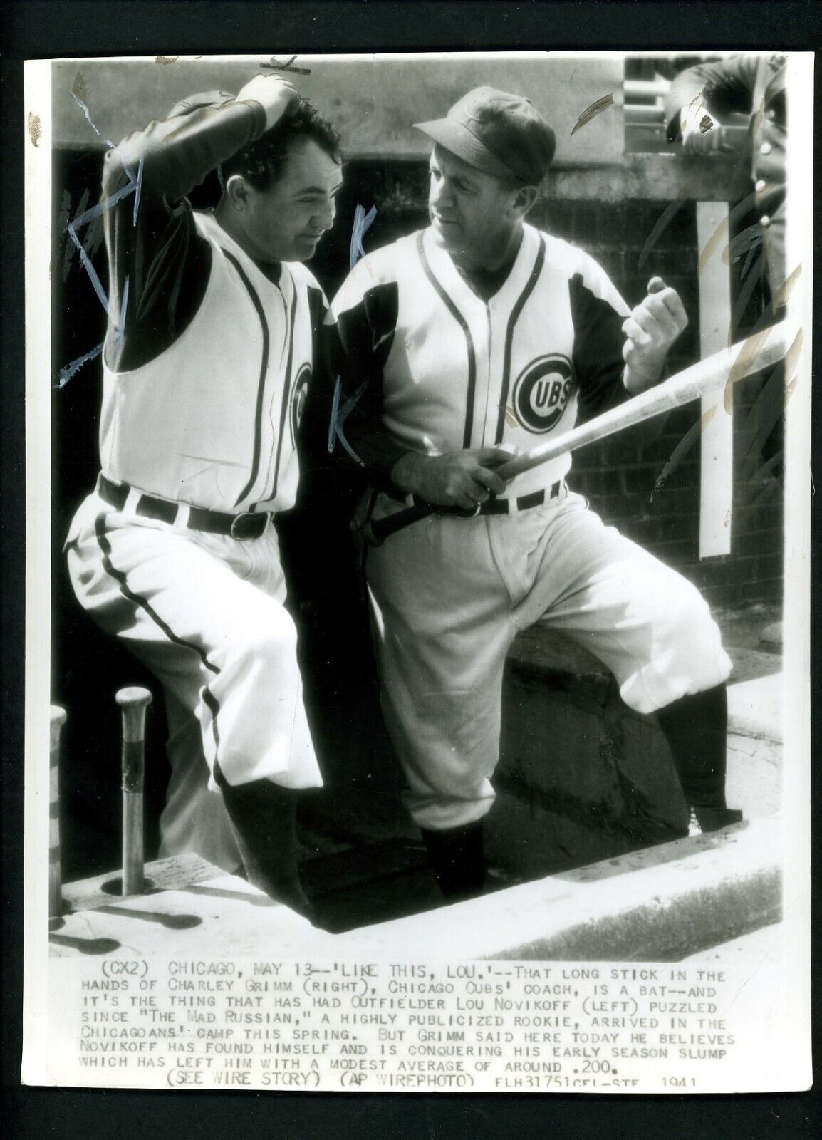 Charlie Grimm & Lou Novikoff 1941 Type IV Press Photo Poster painting Chicago Cubs