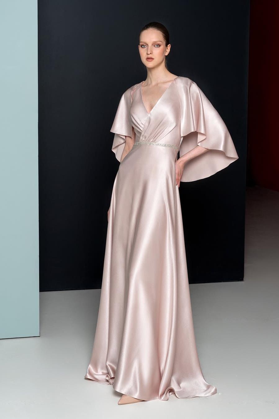 Glamorous Satin Blushing Pink V Neck Short Sleeves Long Prom Dress with Belt | MS0535 