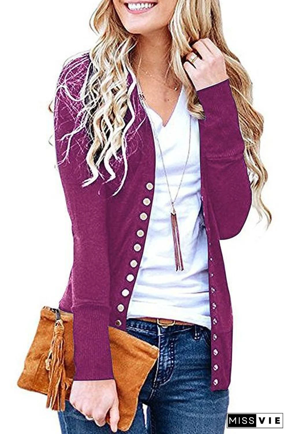 Design V-neck Long-sleeved Button Cardigan