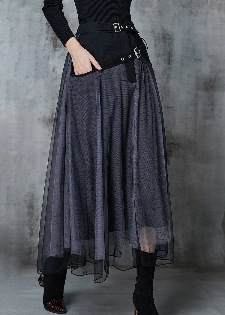 Chic Grey Exra Large Hem Patchwork Tulle Pleated Skirt Spring