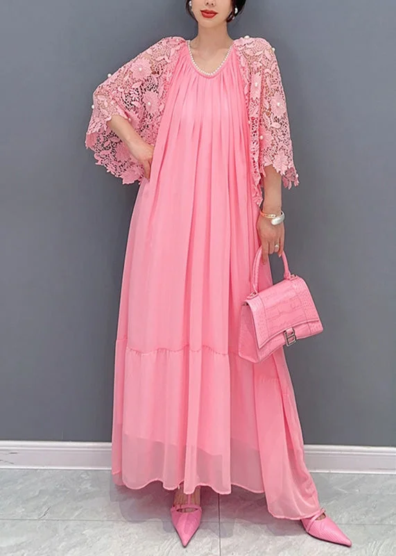 Cute Pink O-Neck Lace Patchwork Nail Bead Chiffon Long Dress Summer