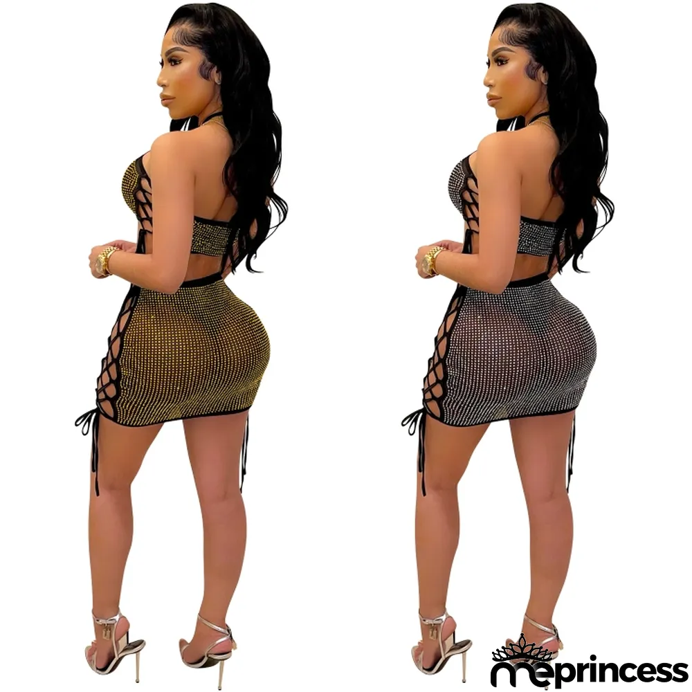 Summer Sexy Golden Rhinestone Halter Crop Top And Bandage Mini Dress Wholesale 2 Piece Sets