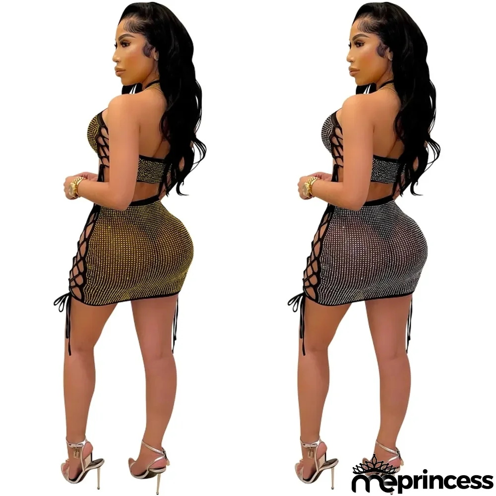 Summer Sexy Golden Rhinestone Halter Crop Top And Bandage Mini Dress Wholesale 2 Piece Sets