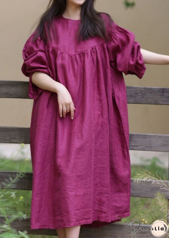 Loose Rose O Neck Button Solid Cotton Long Dress Fall
