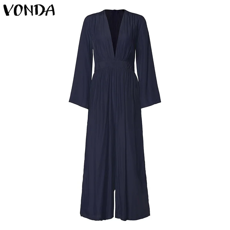 VONDA 2022 Women Long Jumpsuit Romper 3/4 Sleeve V Neck Casual Playsuit Overalls Ladies Wide Leg Loose Summer Playsuit Oversized