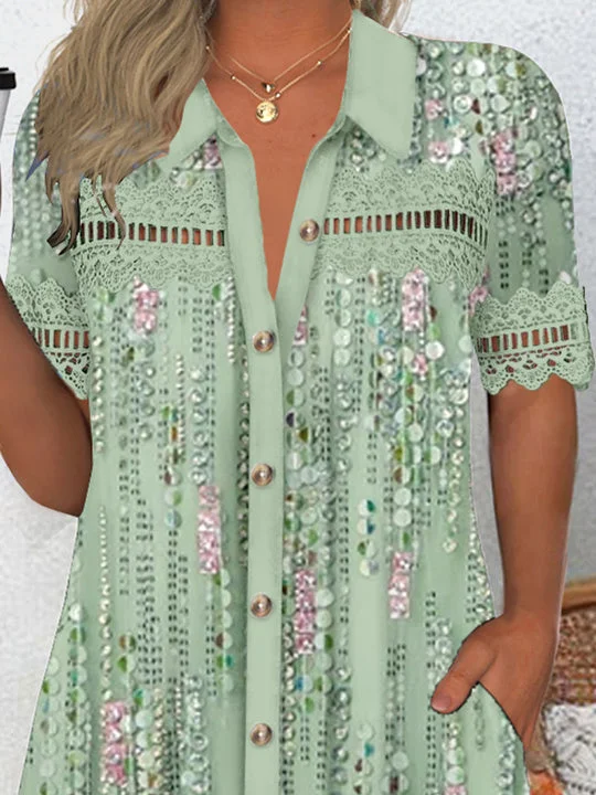 Women's Short Sleeve V-neck Graphic Lace Tops