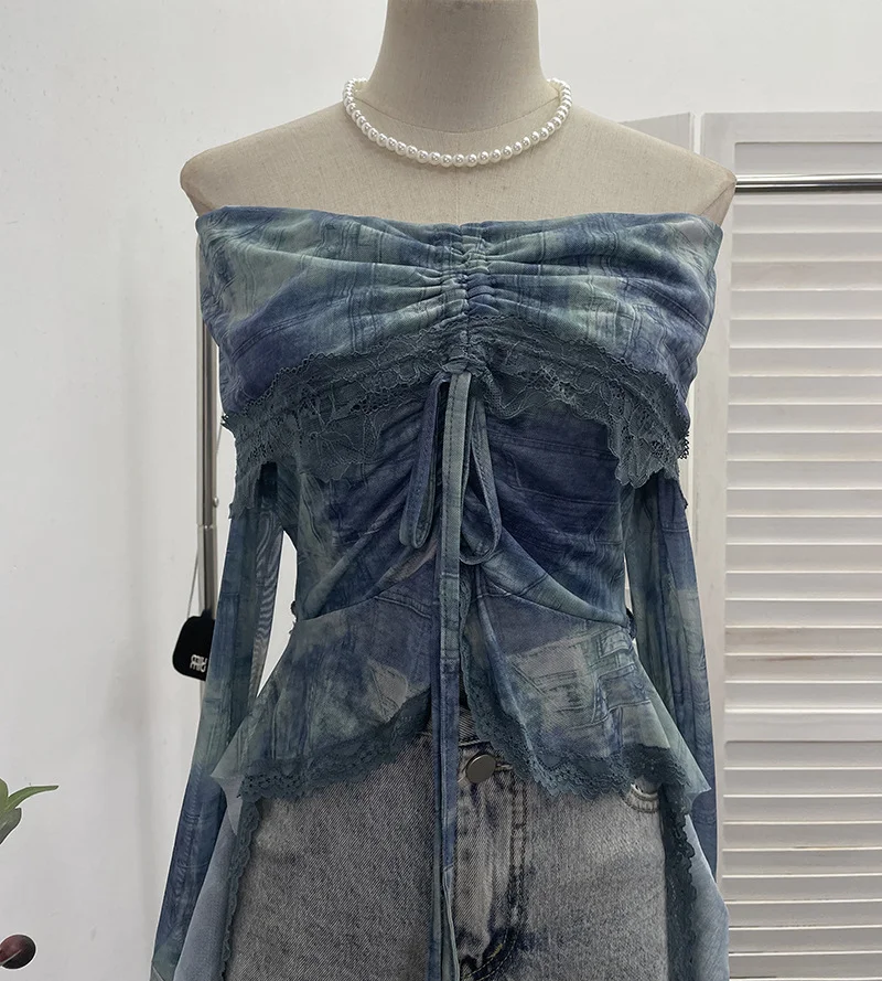 Churchf Small-Sized Old-Fashioned Green Shoulder Horn Sleeve Blouse Dye Net Yarn Lace Draw Rope Short T-Shirt 8010