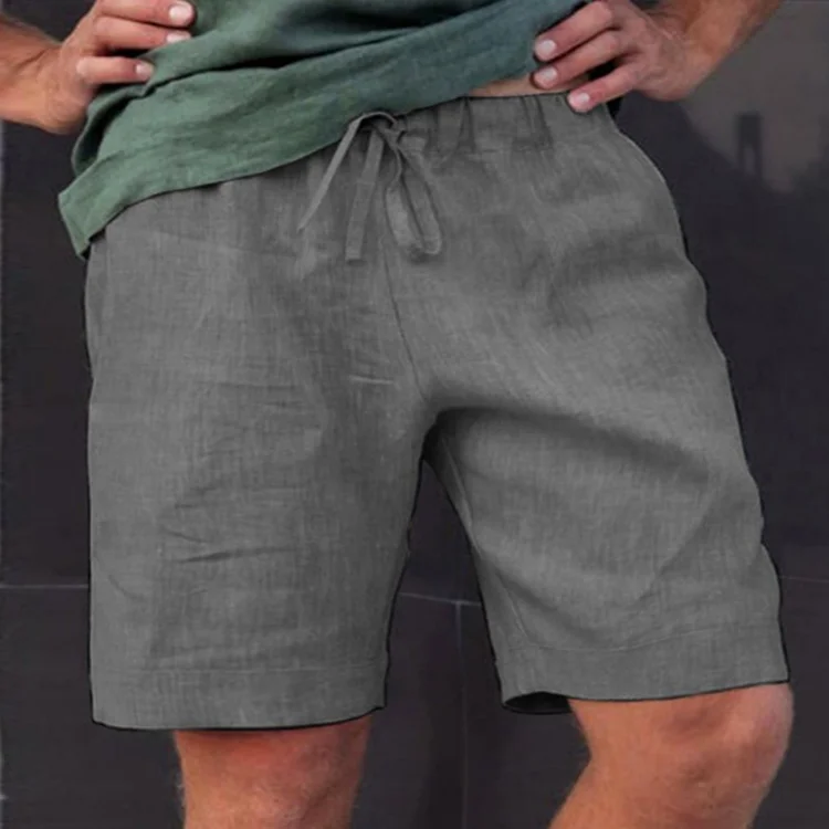 Men's Summer Loose Lace-Up Five-Point Pants Solid Color Linen Shorts、、URBENIE