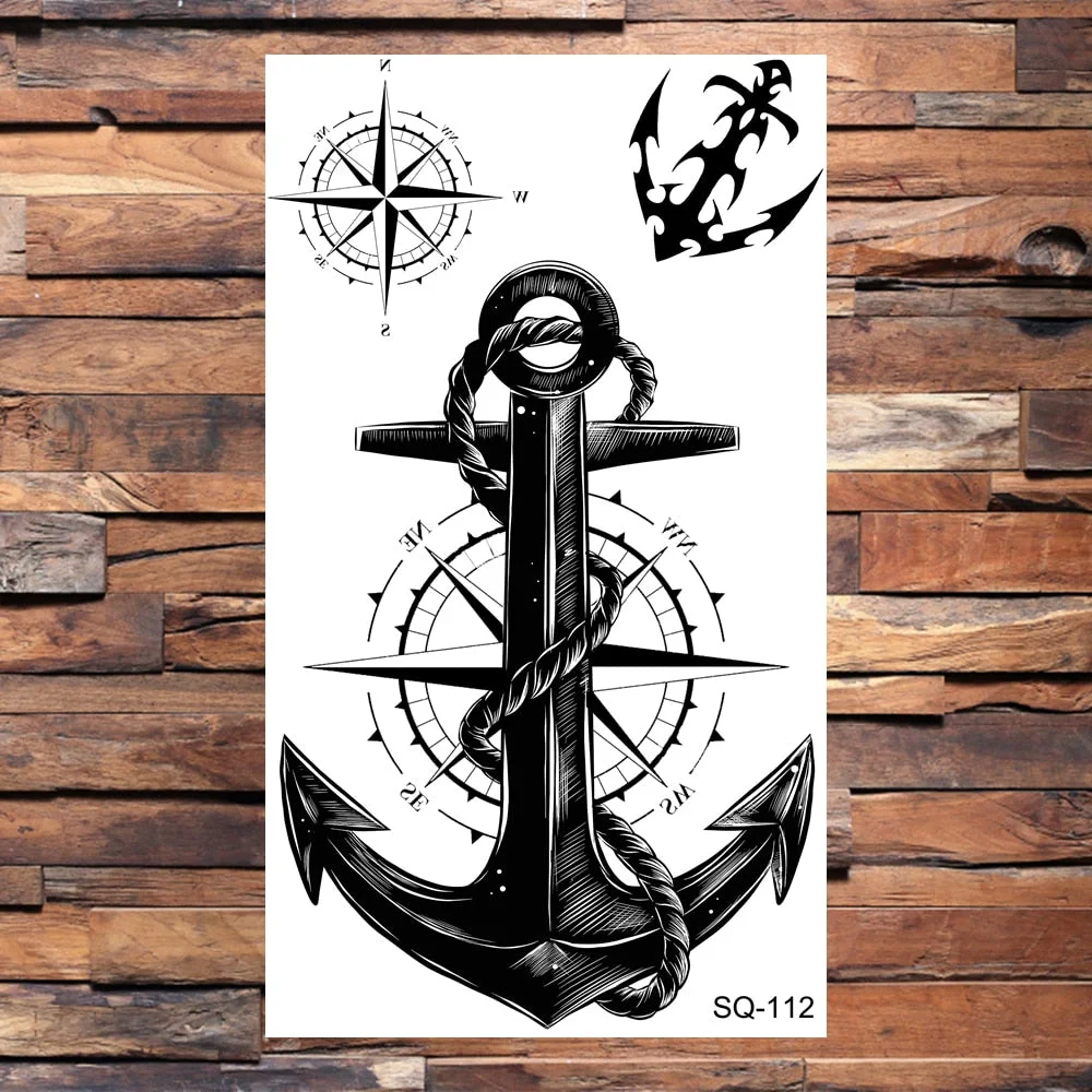 Black Compass Anchor Temporary Tattoos For Adults Men Realistic Pirate Ship Endless Flower Fake Tattoo Sticker Back Arm Tatoos
