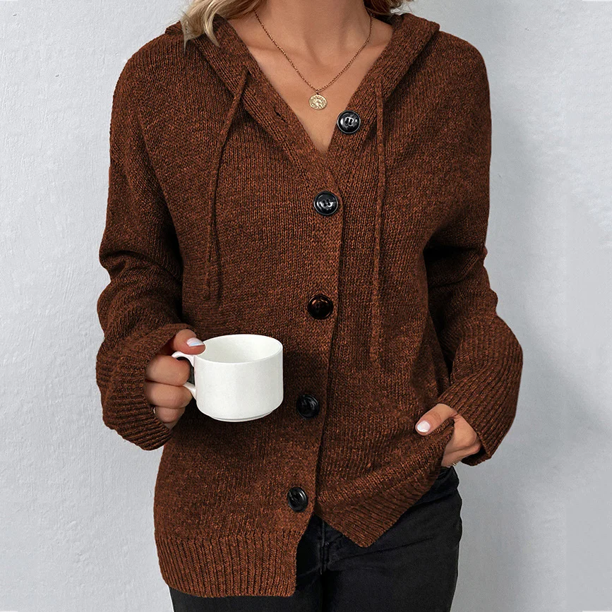 Solid Color Single Breasted Hooded Drawstring Sweater Cardigan