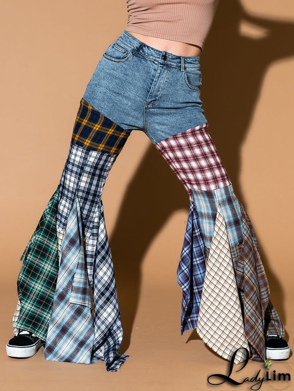 Fashion Plaid Patchwork Denim High Waisted Flared Pants