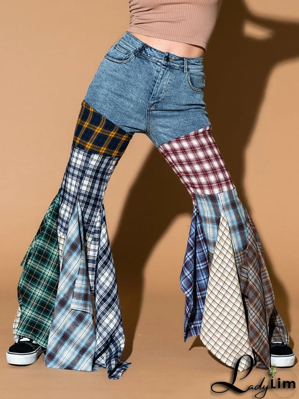 Fashion Plaid Patchwork Denim High Waisted Flared Pants