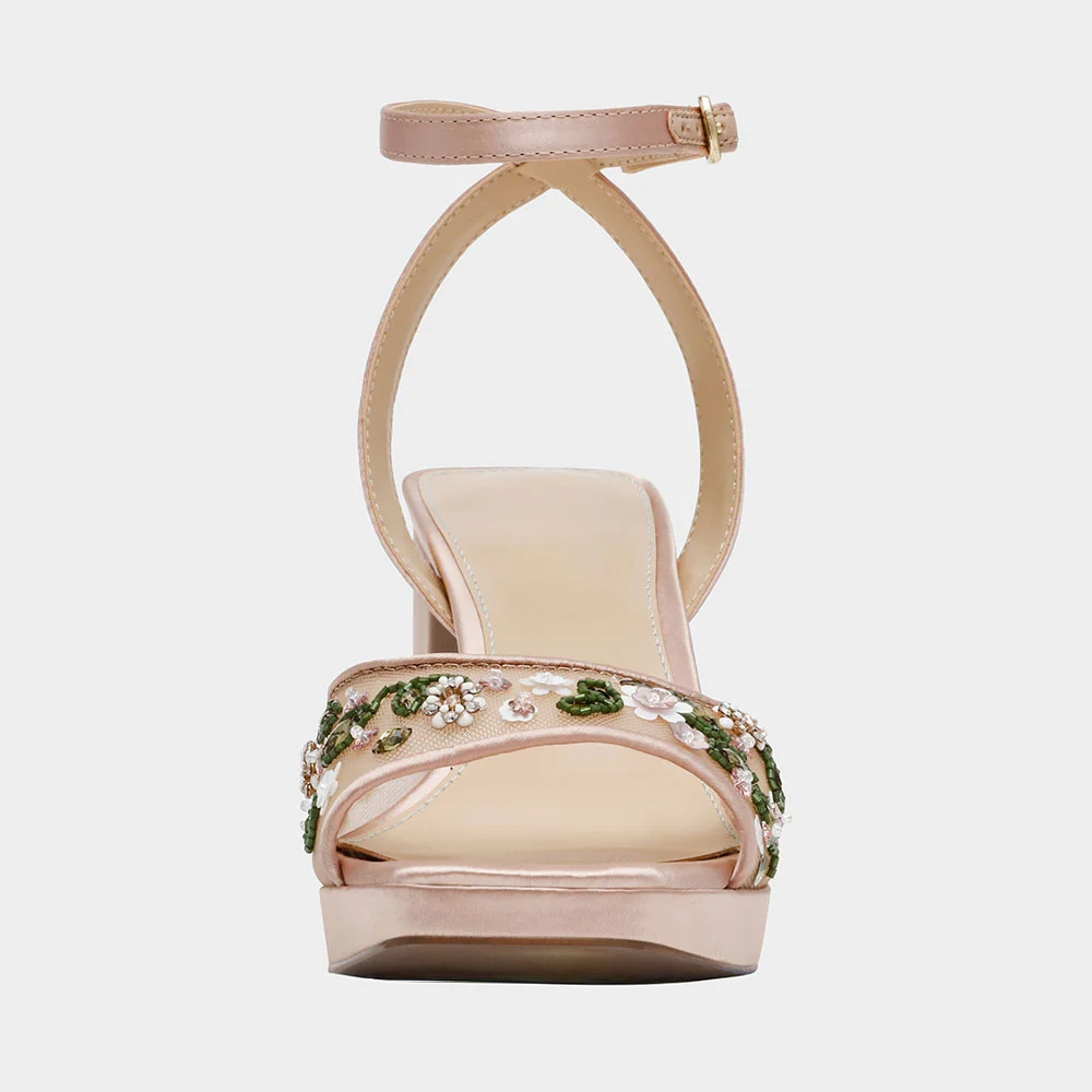 Nude Square Toe Block Heel Floral Ankle Strap Sandals with Platform