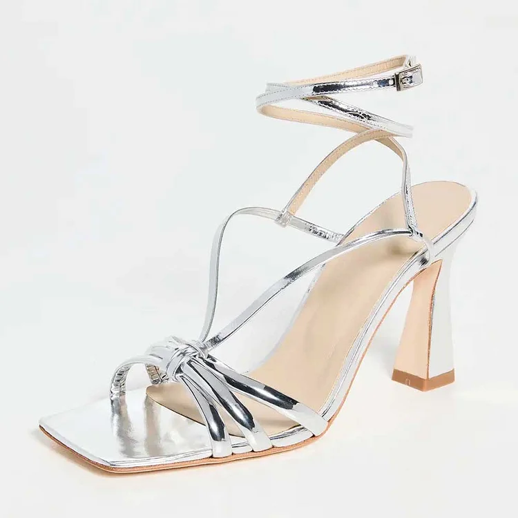 Silver Metallic Square Toe Wrap Around Ankle Strap Heeled Sandals |FSJ Shoes