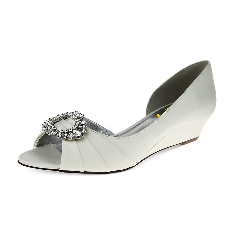 Ivory Bridal Heels Rhinestone Satin Wedge Heels D'orsay Pumps |FSJ Shoes