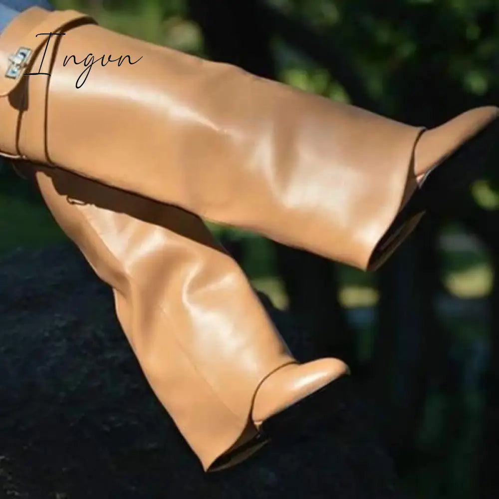 Ingvn - Stylish Faux Leather Hidden Heel Tall Boots Khaki / 5