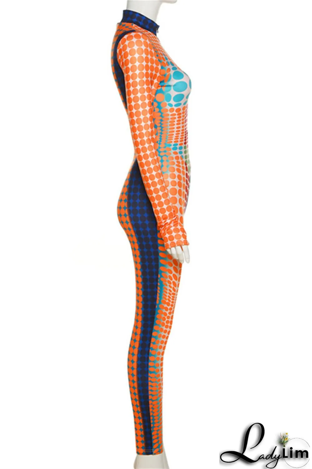 Orange Fashion Casual Print Patchwork Turtleneck Skinny Jumpsuits