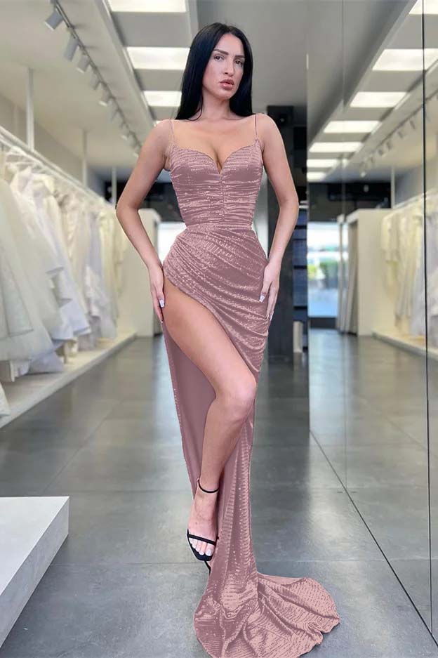 Hidais Burgundy Spaghetti Strap Sequins Sleeveless Mermaid Prom Dress With Split