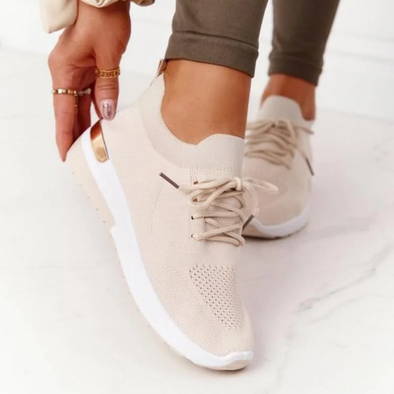 New Women Sneakers Ladies Solid Color Vulcanized Shoes Lace-Up Round Toe Wedge Ladies Shoes Outdoor Casual Comfy Female Footwear