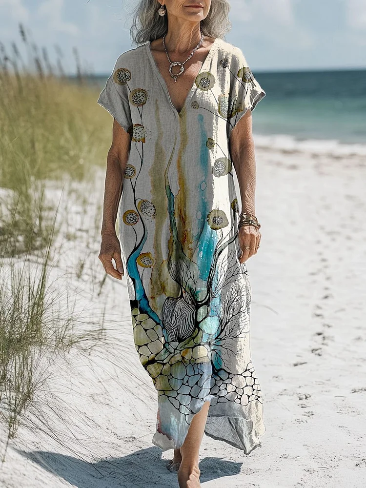 Women's Vintage Flower Art Print Pocket Cotton Dress