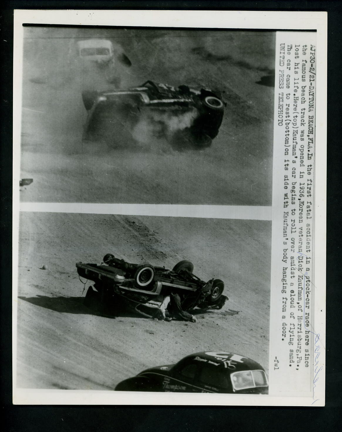 FATAL Stock Car Race CRASH at Daytona Beach 1954 Press Photo Poster painting Dick Kaufman