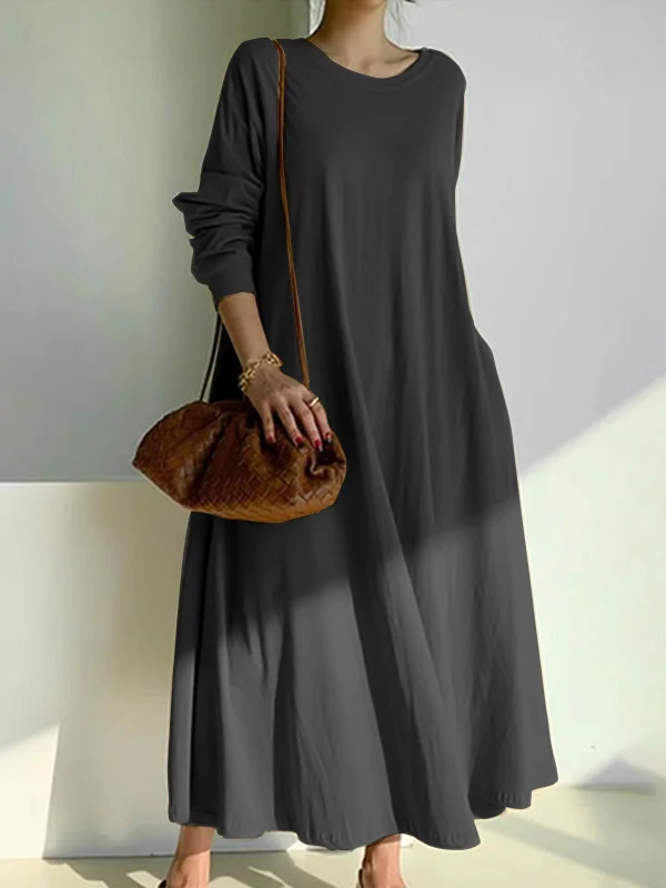 Simple Loose 3 Colors Round-Neck Long Sleeves Midi Dress