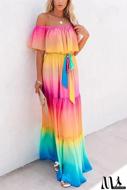 MidiSono - Gradient Off Shoulder Belted Maxi Dress