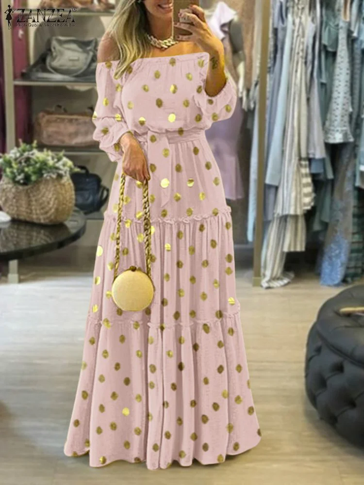 ZANZEA Elegant Off Shoulder Women's Dress Autumn Belted Ruffle Maxi Vestidos Casual Puff Sleeve Solid Beach Robe   7