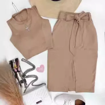 Uveng Uveng New Women's Wear Sleeveless Round Collar Splicing Belt Pocket Slit Short Skirt Two-Piece Set