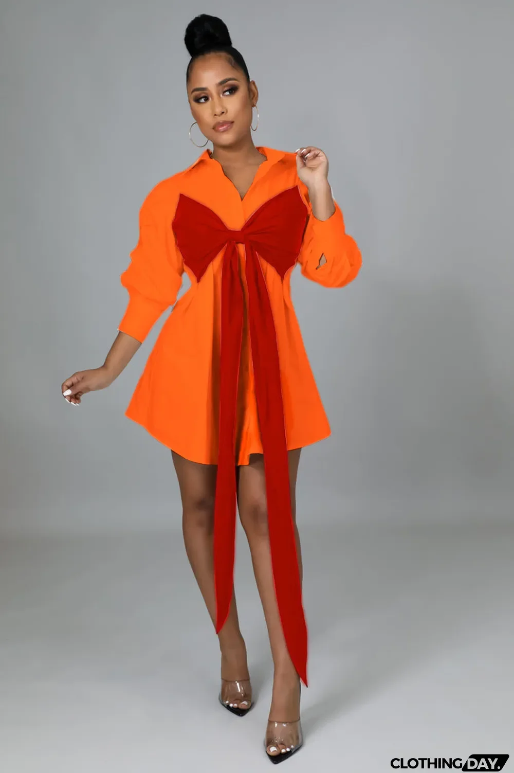Contrast Colot Bow-Tie Long Sleeve Shirt Dress