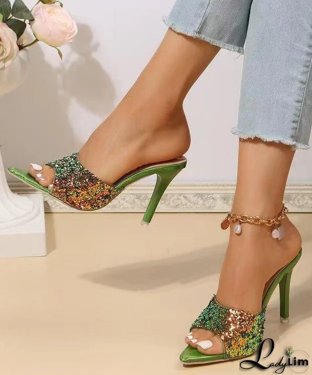 Fashion Green Sequins Splicing Stiletto High Heels Slide Sandals