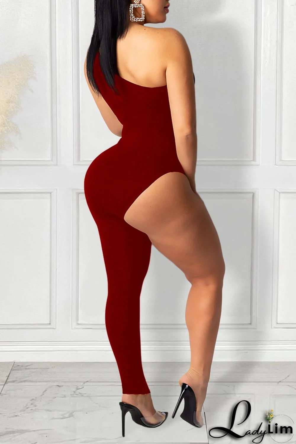 Blue Sexy Solid Patchwork Asymmetrical Oblique Collar Skinny Jumpsuits