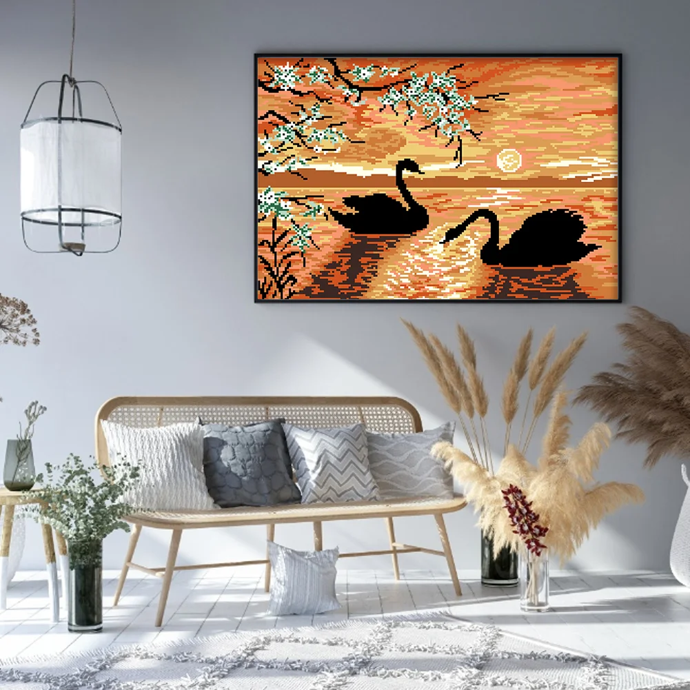 9CT Full Cross Stitch Bead Embroidery - Swan Lake(Canvas|50*36CM)
