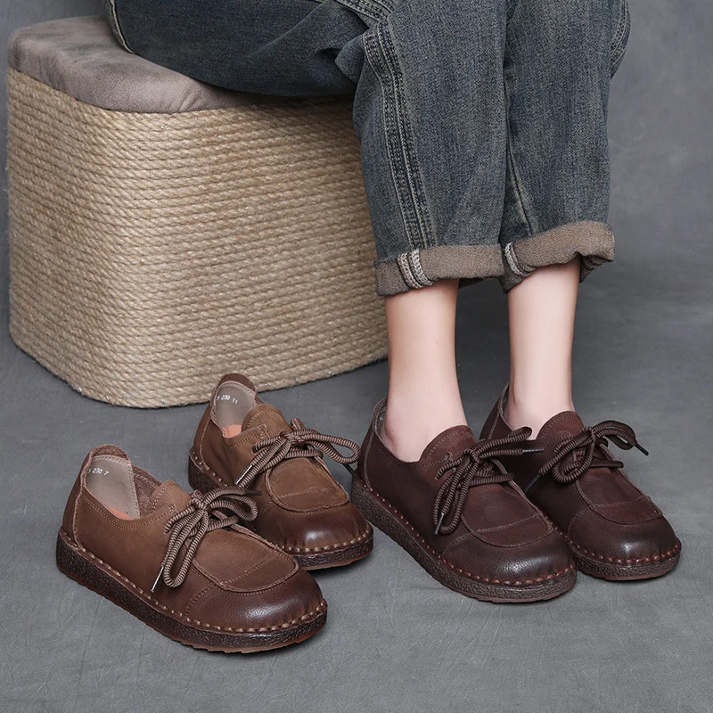 Yyvonne Layer Of Cow Leather Hand-Retro Single Shoe Women 2025 Spring New Comfortable Soft-Soled Casual Shoes Round Leather Women's Shoes