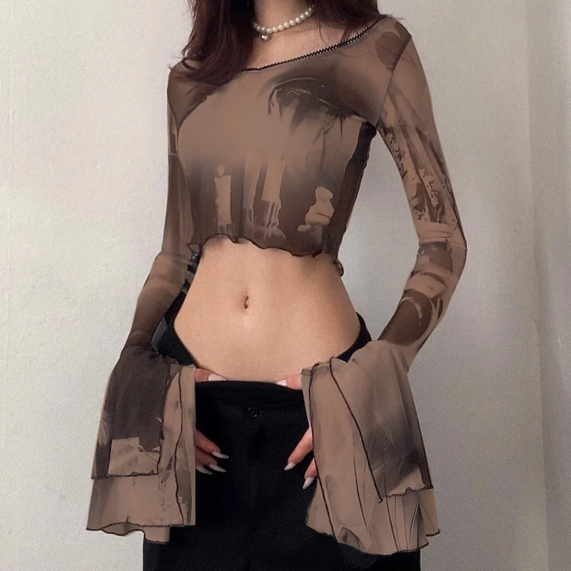 Churchf Summer New 2024 Mesh Printing Round Collar Horn Long Sleeve Perspective Exposed Umbilical Casual Women's Top